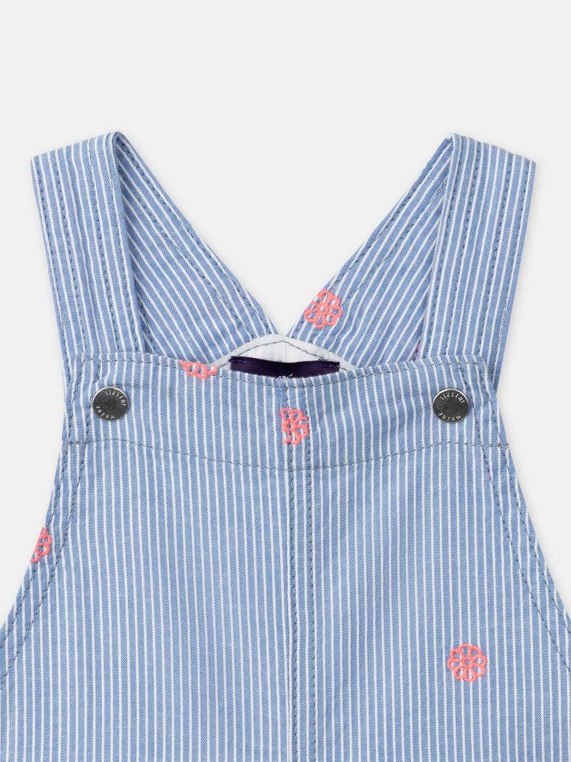 Salopette courte à rayures bleues et broderies fleurs Bébé Fille