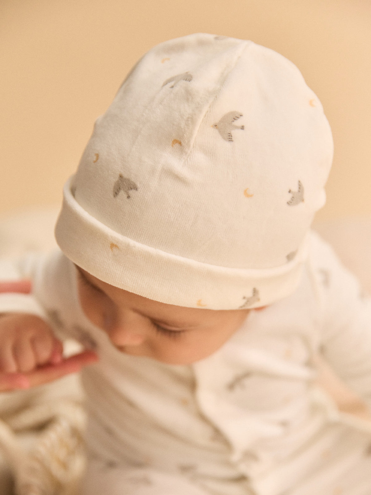 Grenouillère + bonnet écru imprimé oiseaux et lunes Naissance Mixte