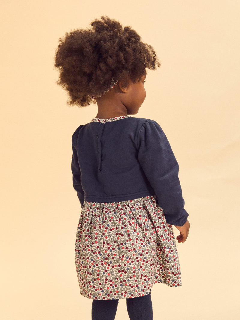 Robe bi-matière haut bleu marine et bas imprimé baies Bébé Fille