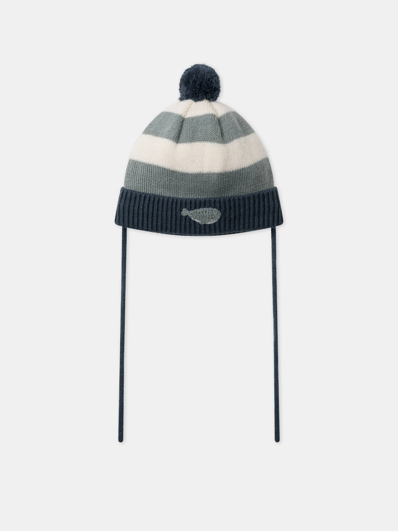 Bonnet tricolore à rayures et pompom avec broderie baleine Bébé Garçon