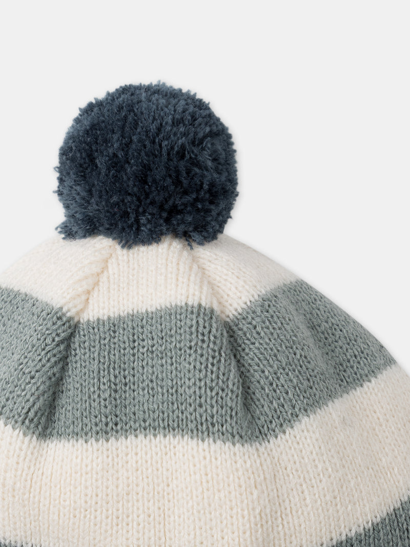 Bonnet tricolore à rayures et pompom avec broderie baleine Bébé Garçon