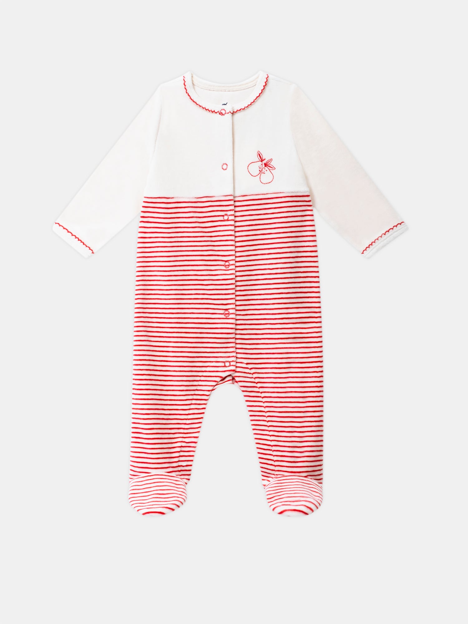 Grenouillère en velours à rayures et  broderie poire Bébé Fille