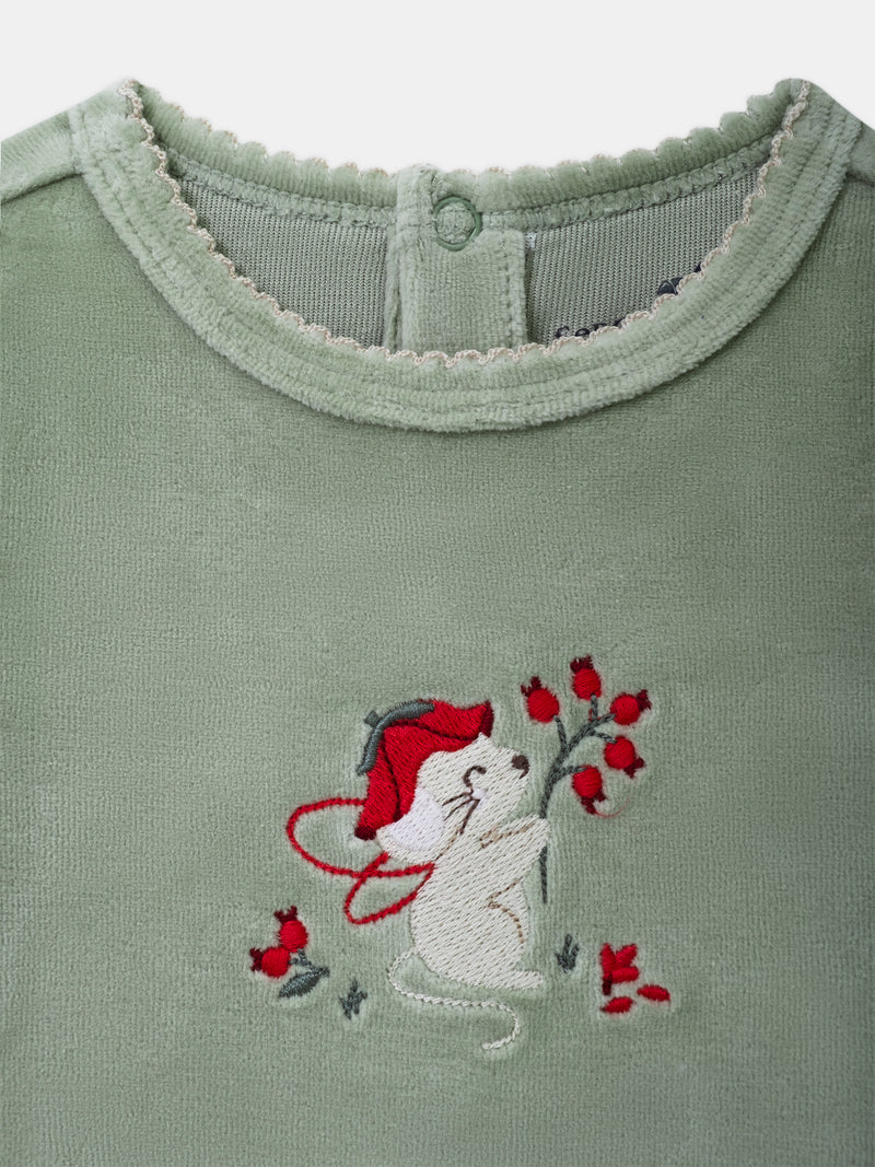 Grenouillère en velours vert sauge à broderie souris et fruits Bébé Fille