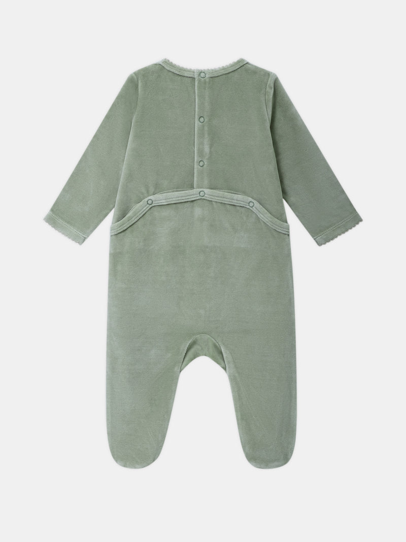 Grenouillère en velours vert sauge à broderie souris et fruits Bébé Fille