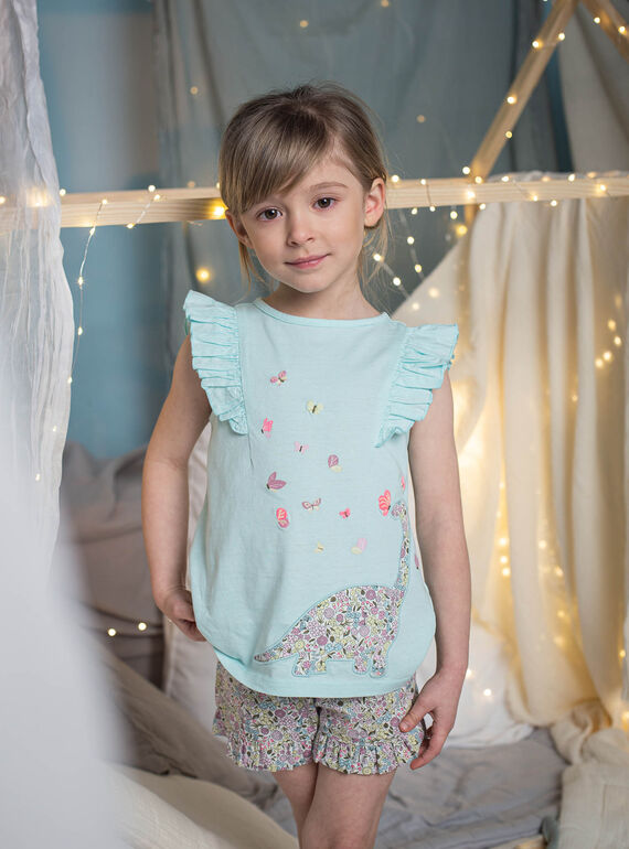 Pyjama bleu turquoise motif dinosaure et fleurs enfant fille CHOUFIETTE / 22E5PF51PYJ203