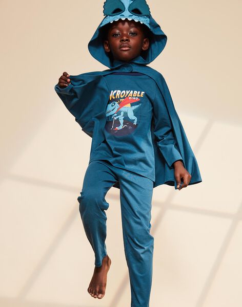 Pyjama deux pièces bleu canard en coton avec cape tête de dinosaure FLORIAGE3 / 23E5PG43PYT714