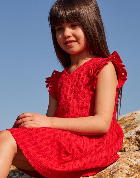Robe rouge brodée enfant fille CAIRIETTE / 22E2PFP1ROB050