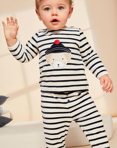 Pyjama deux pièces beige clair chiné en velours avec broderie tête de chien FEDOUDOU / 23E5BG21PYJA011