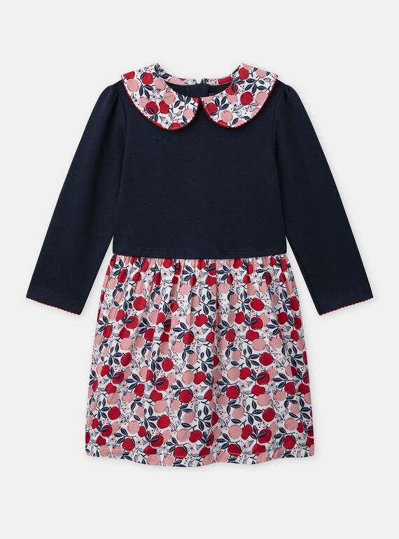 Robe bimatière bleu marine et imprimé pommes à col claudine Fille NOBIMAETTE / 25H2PFP3ROB070