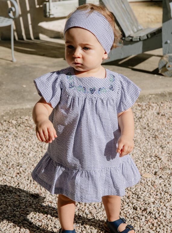 Robe en seersucker vichy bleu nuit et blanc FANONO / 23E1BFN1ROB070