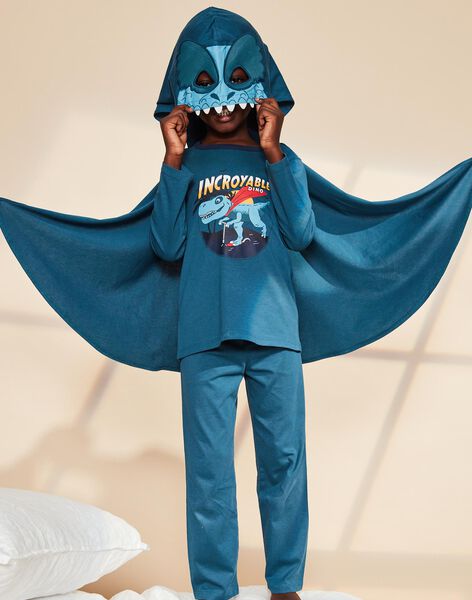 Pyjama deux pièces bleu canard en coton avec cape tête de dinosaure FLORIAGE3 / 23E5PG43PYT714