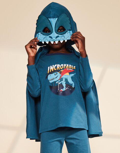 Pyjama deux pièces bleu canard en coton avec cape tête de dinosaure FLORIAGE3 / 23E5PG43PYT714