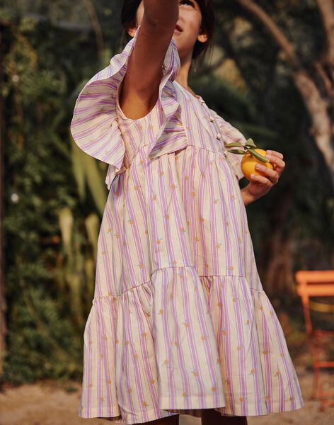 Robe vanille en lin à rayures mauve FLARAYETTE / 23E2PFO1ROB114