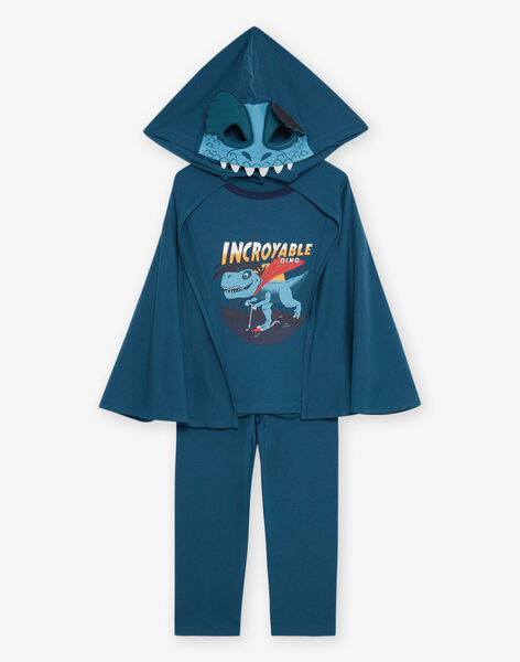 Pyjama deux pièces bleu canard en coton avec cape tête de dinosaure FLORIAGE3 / 23E5PG43PYT714