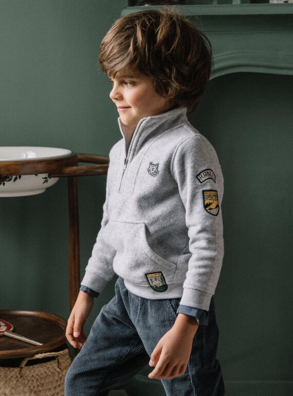 Pull gris chiné à poche kangourou DEBADGEAGE / 22H3PGR1PUL943
