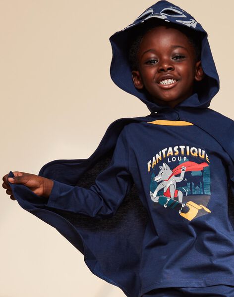 Pyjama deux pièces bleu foncé en coton avec cape tête de loup FLORIAGE2 / 23E5PG41PYT705