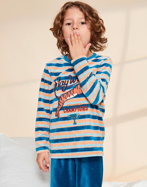 Ensemble pyjama bleu foncé en velours à rayures avec tigre FLORAYAGE / 23E5PG21PYJ202