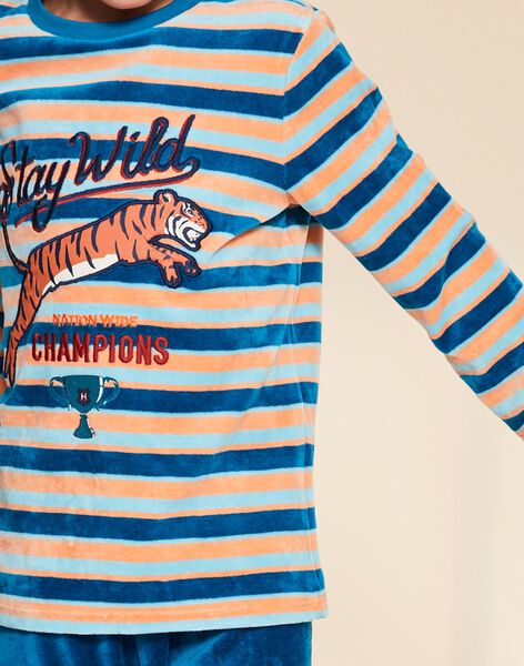 Ensemble pyjama bleu foncé en velours à rayures avec tigre FLORAYAGE / 23E5PG21PYJ202