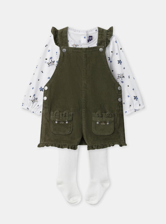 Ensemble salopette vert kaki en velours + body blanc imprimé chien + collant blanc Bébé Fille NAJULIETTE / 25H1BFQ1ENS009