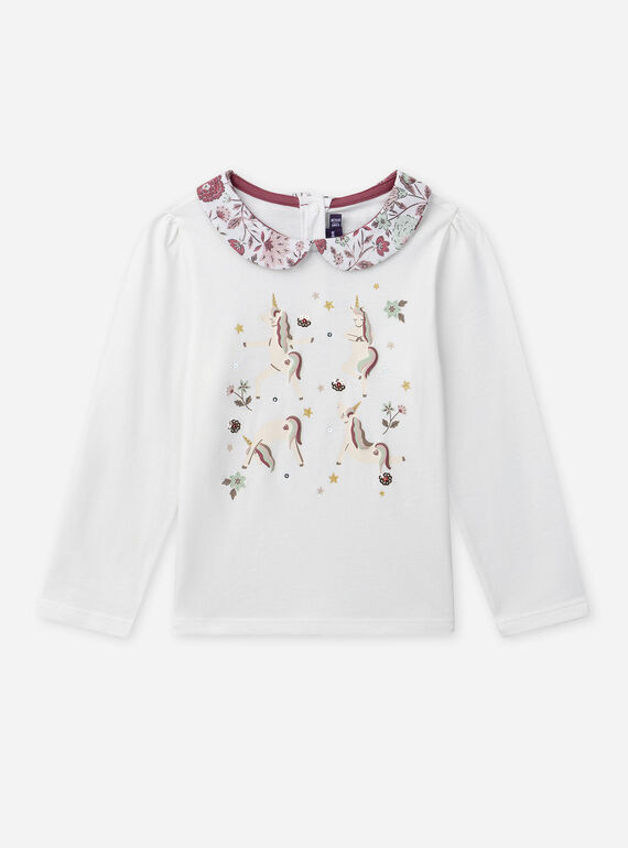 T-shirt blanc imprimé licorne à col claudine fleuri et manches longues Fille NIYOGAETTE / 25H2PFL1TML001
