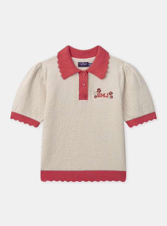 Polo écru à broderie floral avec col et manches festonnés rouge corail Fille NEPOUETTE / 25H2PFK1PSM801