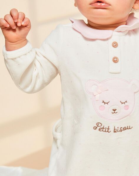 Grenouillère écrue en velours à pois et tête d'ours FECARLA / 23E5BF23GRE001