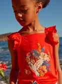 Top rouge à motifs fleurs et perroquet multicolores en jersey KLOPERETTE / 24E2PFS1DEB050