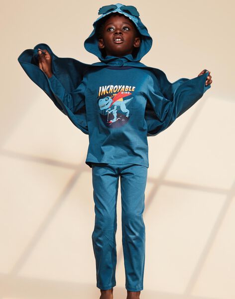 Pyjama deux pièces bleu canard en coton avec cape tête de dinosaure FLORIAGE3 / 23E5PG43PYT714