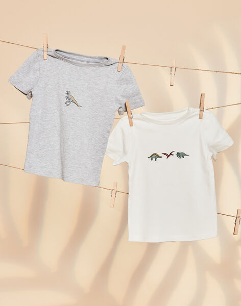 2 T-shirts en coton biologique gris chiné et écrus thème dinosaures FLOTIAGE / 23E5PGH1HLIJ920