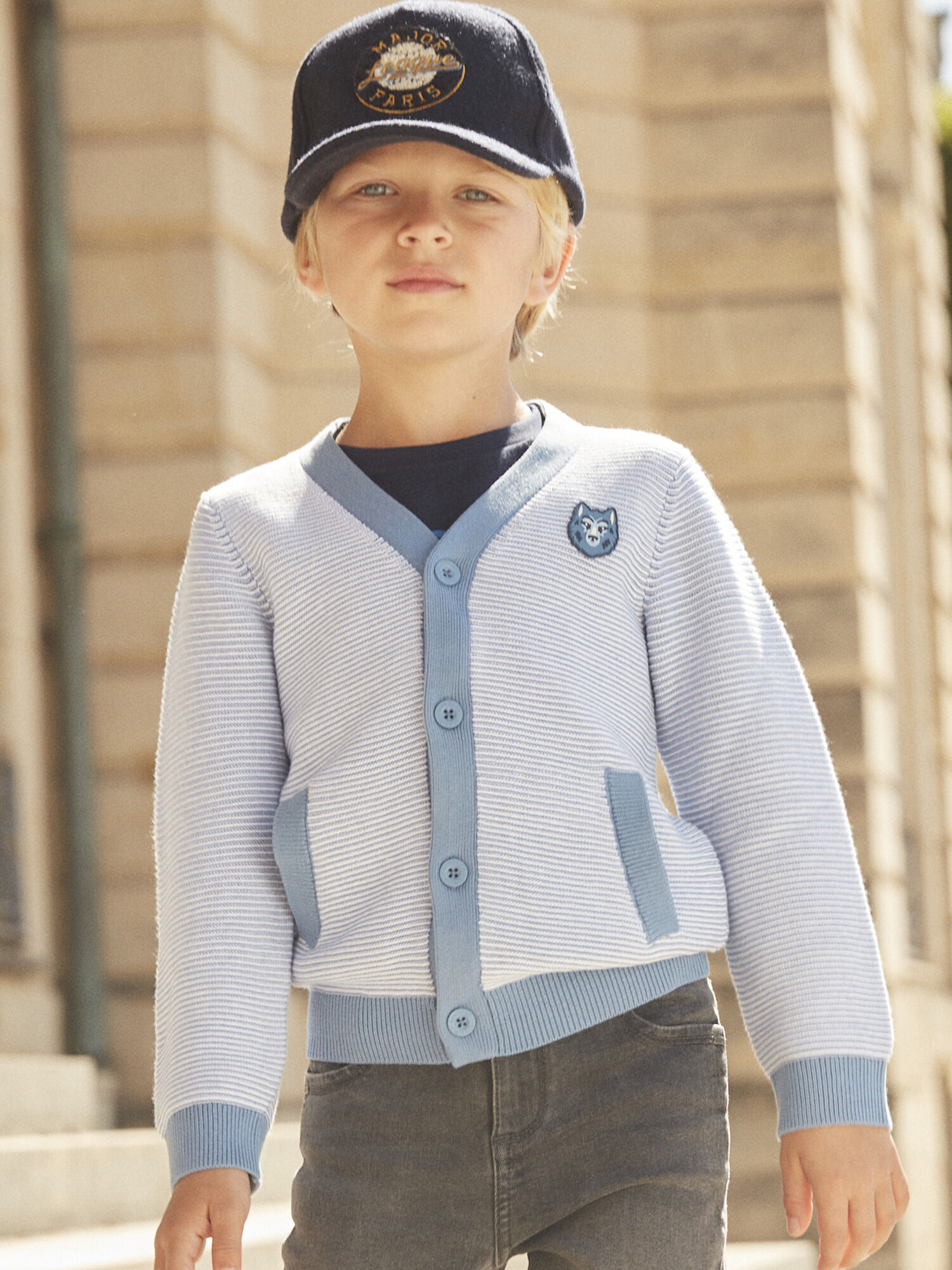 Gilet bleu imprim rayures