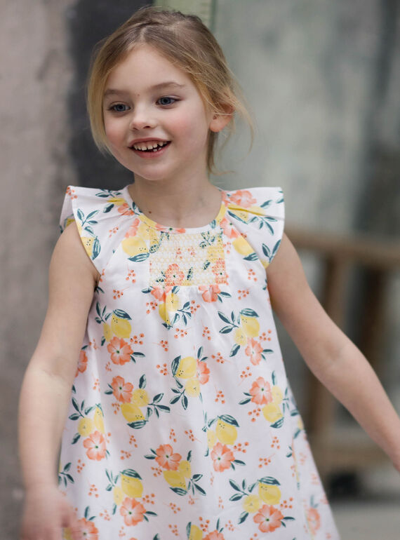 Robe évasée blanche imprimés citrons et fleurs enfant fille ZICITETTE / 21E2PFO1ROB000