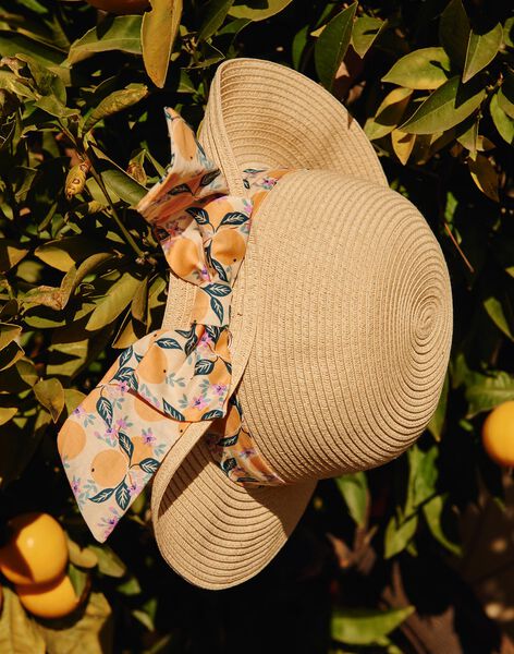 Chapeau de paille avec bande à imprimé clémentines et fleurs FLAMETTE / 23E4PFO1CHA009