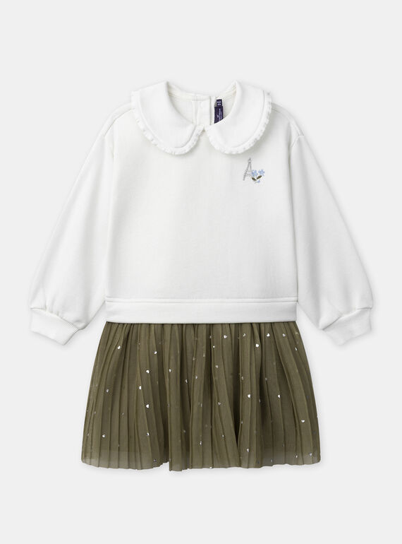 Robe bi-matière sweat blanc à col claudine et jupe vert kaki en tulle Fille NUFOILETTE / 25H2PFQ1ROB009