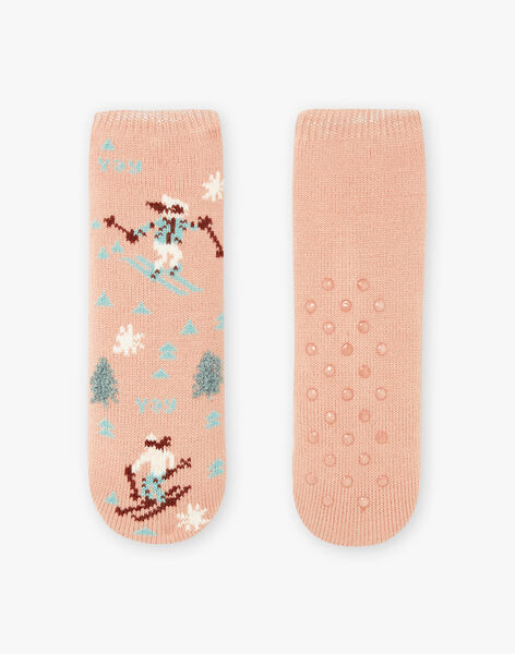 Chaussettes roses anti-dérapantes à imprimé ski à la montagne enfant fille BLATUETTE / 21H4PFO1SOA318