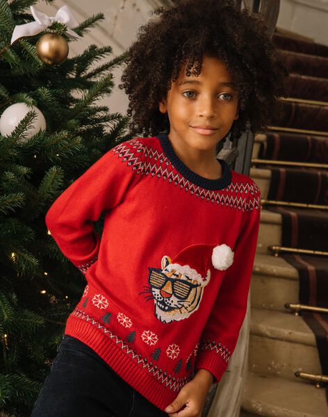 Pull de Noël rouge en tricot à motif tigre DOPULAGE / 22H3PG91PULF528