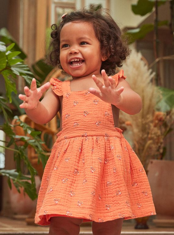 Robe chasuble orange en gaze de coton à imprimé fleuri | Fille | Sergent Major