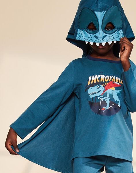 Pyjama deux pièces bleu canard en coton avec cape tête de dinosaure FLORIAGE3 / 23E5PG43PYT714