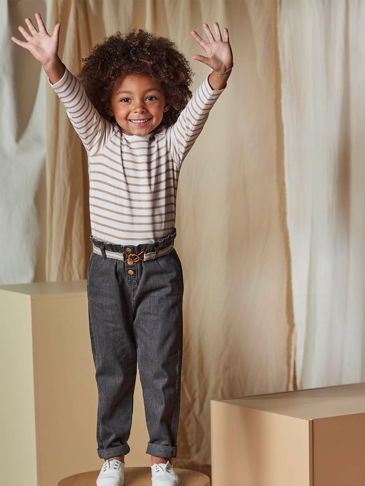 Jean denim gris paperbag et ceinture rayee enfant fille Fille Sergent Major
