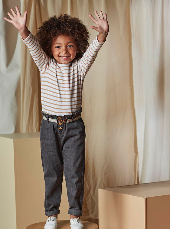 Jean denim gris paperbag et ceinture rayée enfant fille CLODETTE2 / 22E2PFF1JEAK004