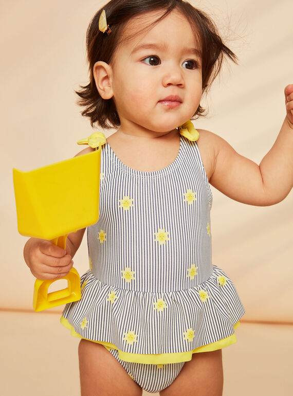 Maillot de bain 1 pièce bleu marine et jaune à imprimé à rayures et soleils FITINA / 23E4BFM2MAIA001