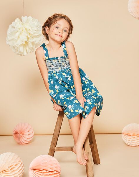 Robe courte à smock bleu canard à imprimé fleuri et citrons FRUSOLETTE 1 / 23E2PFX5RBS714