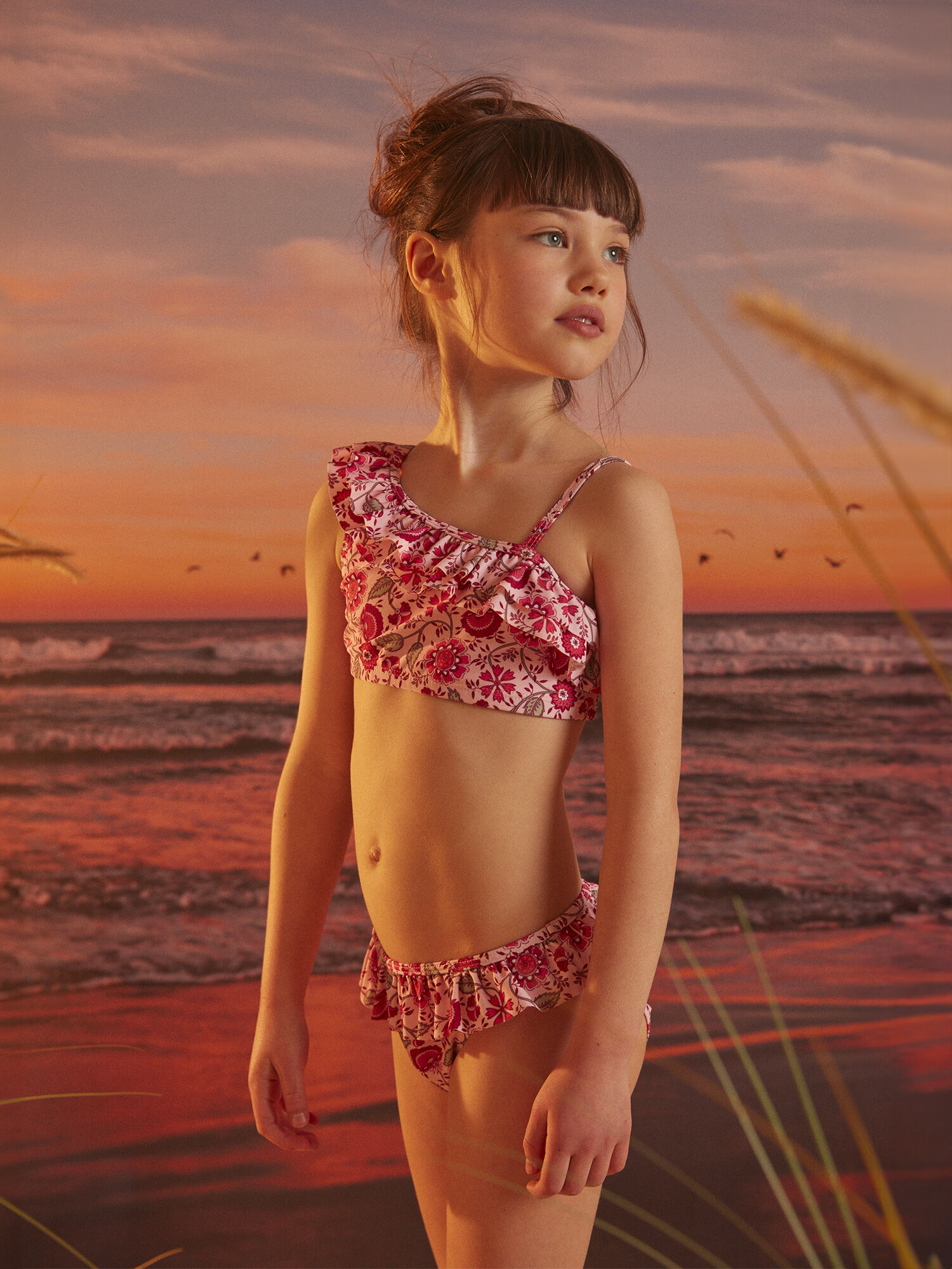 Ensemble maillot de bain 2 pieces rose a imprime fleuri Fille Sergent Major