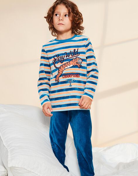 Ensemble pyjama bleu foncé en velours à rayures avec tigre FLORAYAGE / 23E5PG21PYJ202