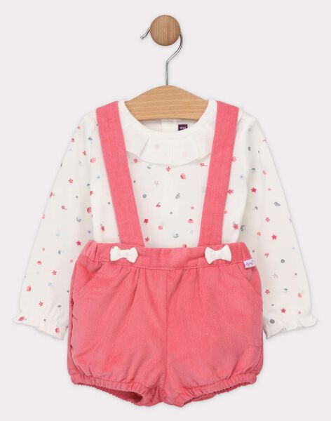 Ensemble Body Ecru Imprime Avec Short A Bretelles En Velours Rose Bebe Fille