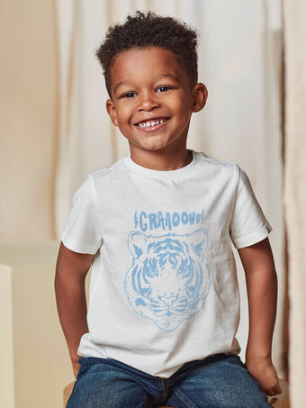 T-shirt écru et bleu clair à motif tigre texturé enfant garçon CAZOTAGE3 / 22E3PGF1TMC001