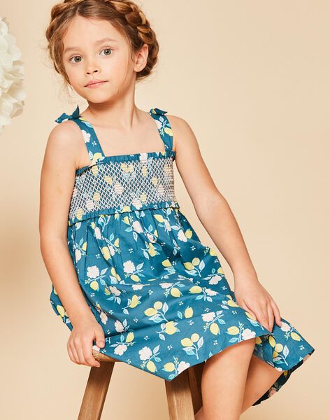 Robe courte à smock bleu canard à imprimé fleuri et citrons FRUSOLETTE 1 / 23E2PFX5RBS714