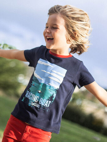 T-shirt bleu marine à motif affiche de course d'aviron enfant garçon CEBESTAGE / 22E3PG82TMC070