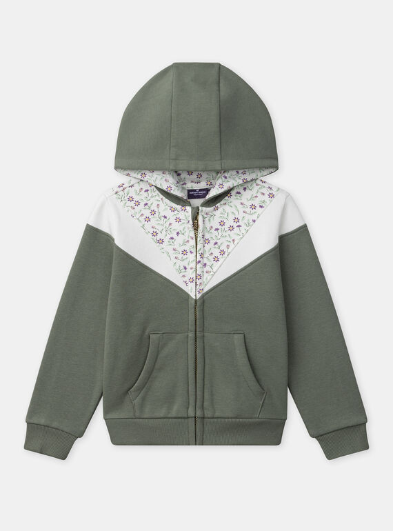 Sweat à capuche zippé vert kaki et imprimé fleuri à manches longues Fille NAEVIETTE / 25H2PF31JGHG602