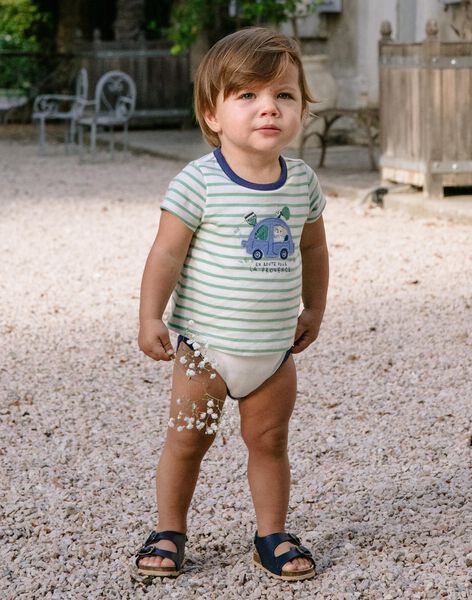 Body T-shirt à rayures vert pistache et écru FAMALO / 23E1BGN1BOD001