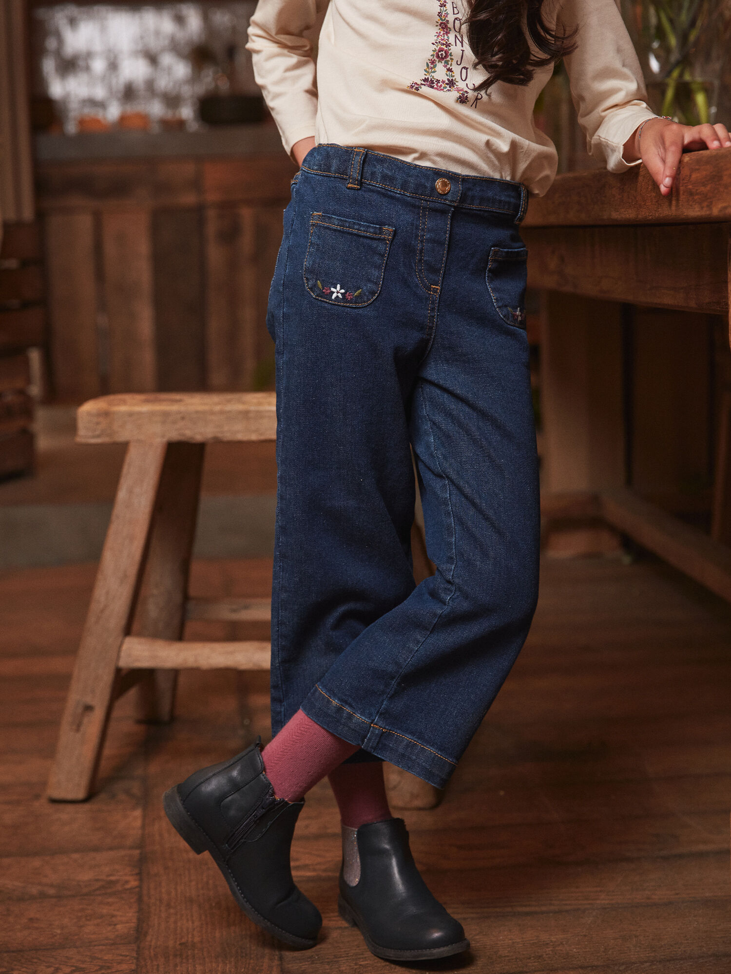 Jeans wide leg brode Fille Sergent Major